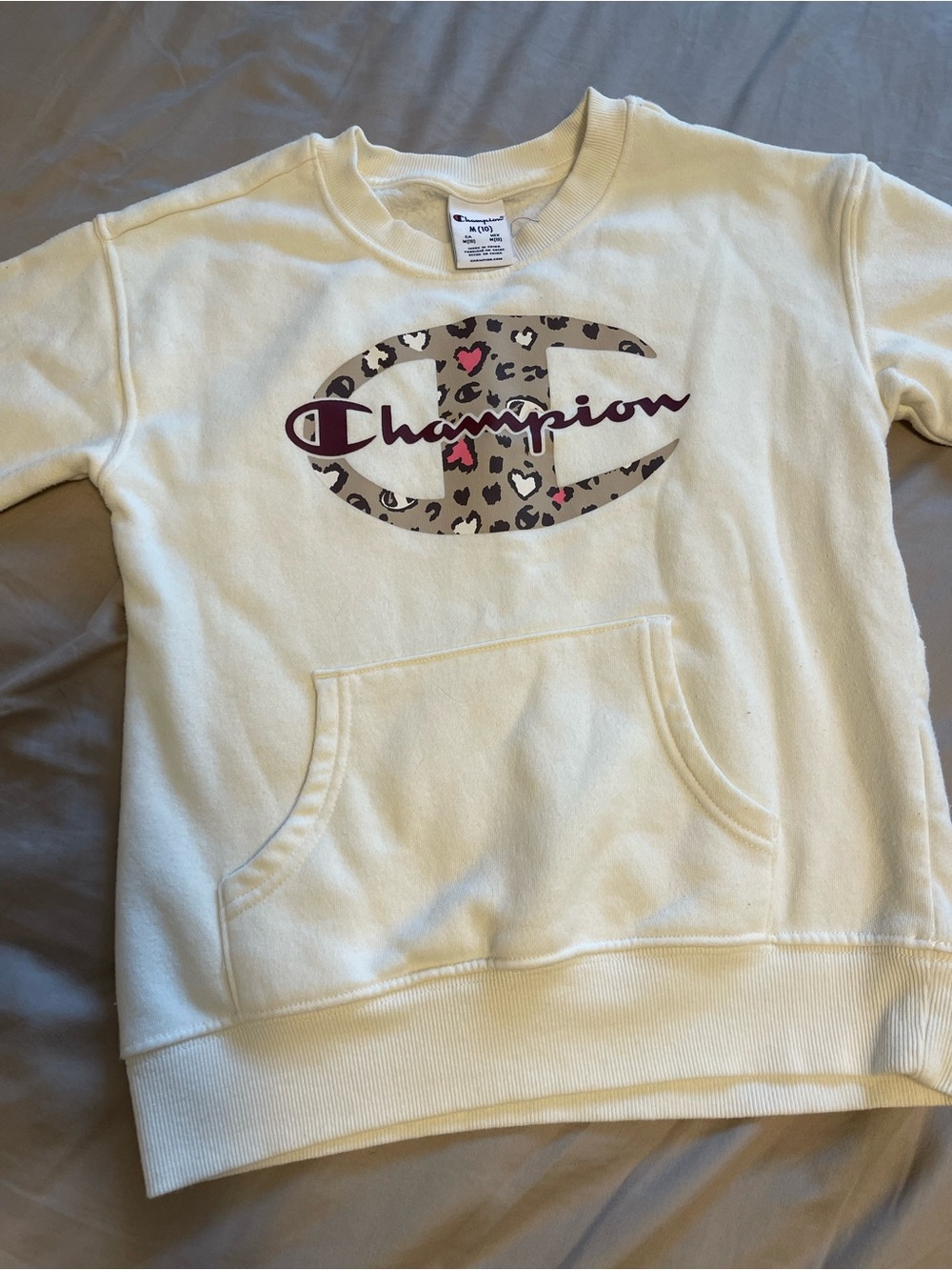 Champion Cream Crewneck Sweatshirt with Leopard Logo and Pink Accents